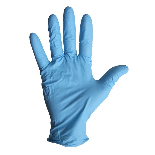 3.8 mils ambidextrous powder-free blue nitrile disposable gloves approved by the CFIA & AAC. Size: small (7) to XL (10)