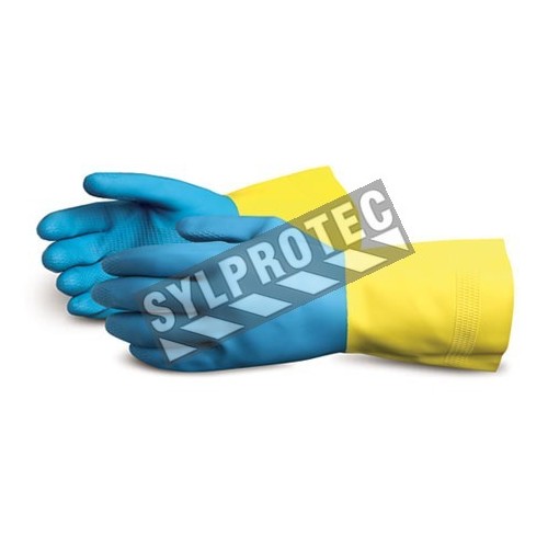 Latex and neoprene gloves, resistant to solvents, flock lined, 28 mil thick, 12” long, size large (9), 12 pairs/package.