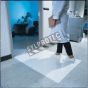 White tacky mat with 120 polyethylene disposable tacky sheets. Cleans shoe soles. 18"x 36”. 4 x 30 sheets.