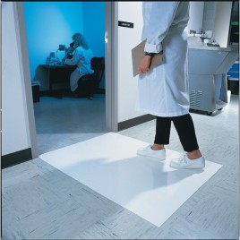 White tacky mat with 120 polyethylene disposable tacky sheets. Cleans shoe soles. 24"x 45”. 4 x 30 sheets.