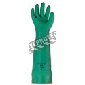Green nitrile unsupported textured & flock-lined safety glove for chemical protection. 18 in long and 22 mils thick. 