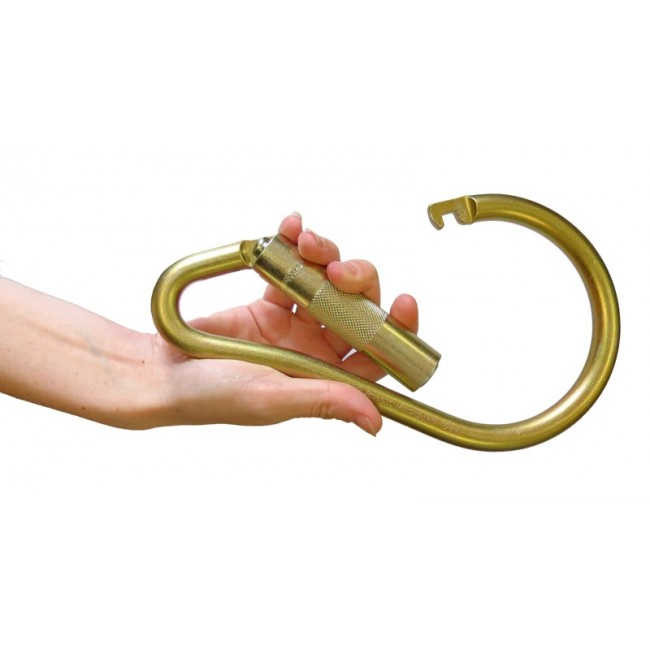 Semi-automatic self-locking pear-shaped carabiner. 2" opening, resists a force of 8093 lb (36 kN)