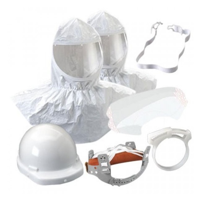 3M white Tychem QC H-series hood assembly with hat shell for respiratory protection systems in pharmaceutical & industrial area.