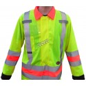 High-visibility coat for roadwork flaggers, compliant with new Transports Québec regulation. 