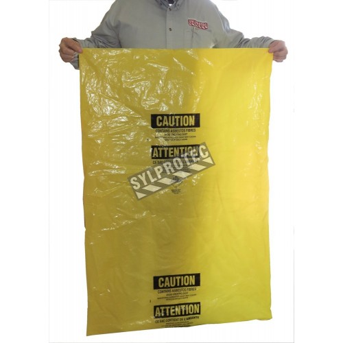 Sacs jaunes bilingues pour déchets d’amiante. Pour le transport de déchets dangereux. 33&quot;x50&quot;, 100 sacs/rouleau.