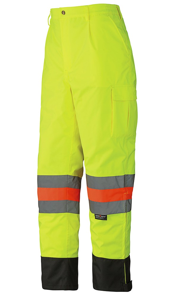 Hi-viz yellow polyester traffic control waterproof pants in compliance with  CSA & Transports Québec standards (XS to 4XL)