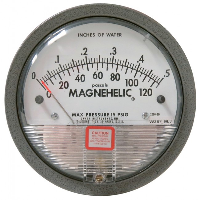 Magnehelic pressure gauge with scale from 0 to 0.5 inches of water (0 to 120 Pa), to indicate differential pressure