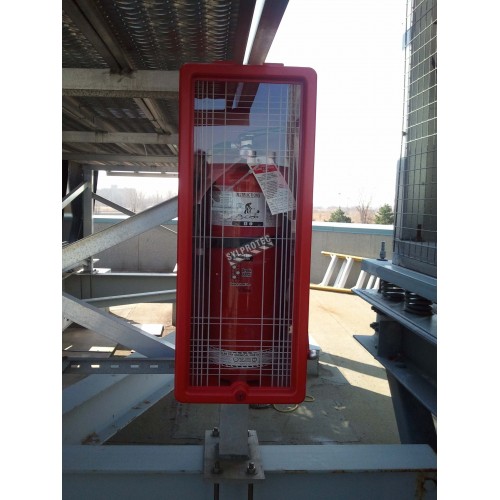 Surface-mounted outdoors plastic cabinet for 20 lbs extinguishers.