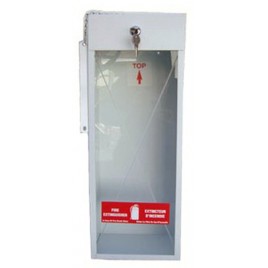 Surface-mounted steel cabinet for 5 lbs powder extinguishers.