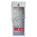 Surface-mounted steel cabinet for 5 lbs powder extinguishers.