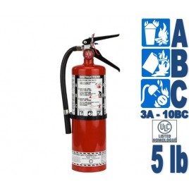 Portable fire extinguisher with powder, 5 lbs, type ABC, ULC 3A-40BC, with wall hook.