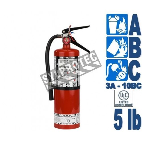 Portable fire extinguisher with powder, 5 lbs, type ABC, ULC 3A-40BC, with wall hook.