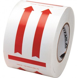 Label "DIRECTIONAL ARROW RED" 4 in x 6 in, roll of 500. Allow to indicate the direction to move the box during shipping.