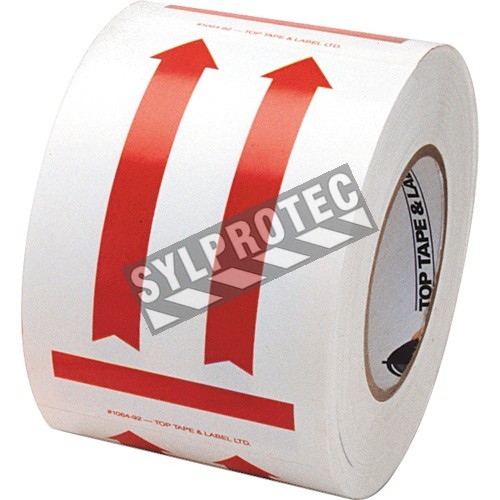 Label "DIRECTIONAL ARROW RED" 4 in x 6 in, roll of 500. Allow to indicate the direction to move the box during shipping.