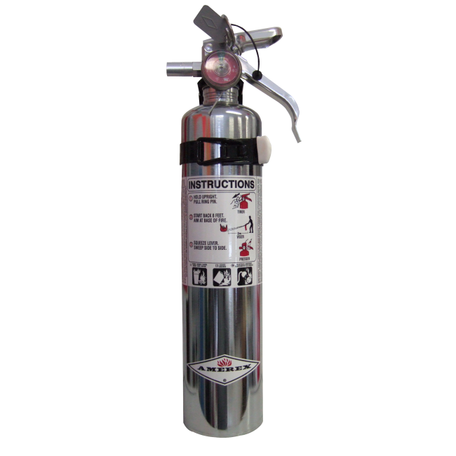 Portable fire extinguisher with powder, chromed, 2.5 lbs type ABC, ULC 1A-10BC, with vehicle hook.