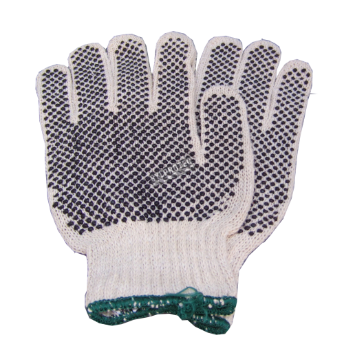 Cost-effective 7-gauge two side PVC dotted polycotton string knit gloves approved by the CFIA. Size: X-small (6) to X-large (10)