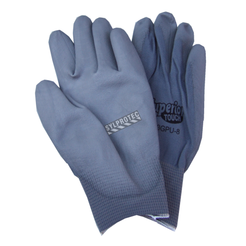 Gray nylon gloves coated with polyurethane for great dexterity, 12 pairs/package.
