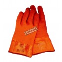 Cotton flannel lined gloves with HiVis orange rough finish PVC coating & a total length of 12 in. Large one-size-fits-all.