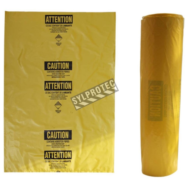 Rouleau de 100 sacs jaunes pour déchets d’amiante. 3 mils, 33x50.