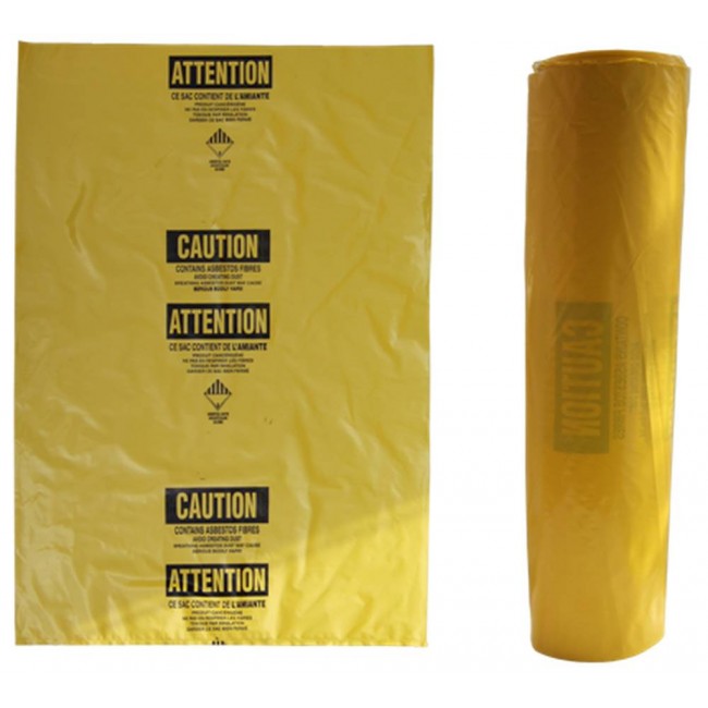 Sacs jaunes bilingues pour déchets d’amiante. Pour le transport de déchets dangereux. 33"x50", 100 sacs/rouleau.