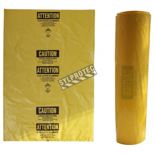 Statutory bilingual yellow bag for asbestos waste. Allows safe transportation of hazardous waste to landfills. 3 mils, 33"x50"