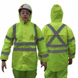 High visibility fluorescent yellow rain coat with silver reflective stripes.