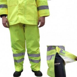 High visibility fluorescent yellow rain pants with silver reflective stripes.