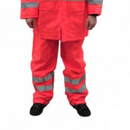 High visibility fluorescent orange rain pants with silver reflective stripes.