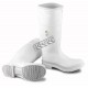 Waterproof white PVC boots with steel toes and anti-slip soles, compliant with ASTM F2413-05 standards.
