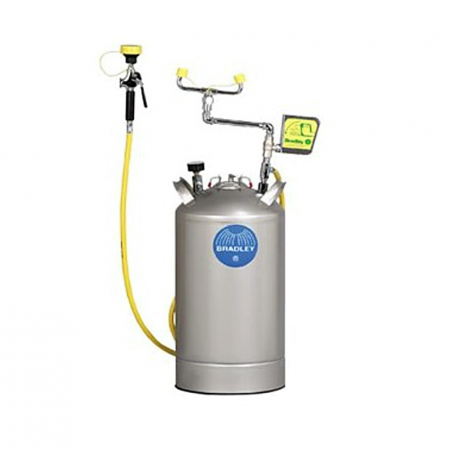 Portable eyewash station with handheld spray hose, 10 gallon (37.9 L) pressurized tank, certified ANSI Z358.1-2009.
