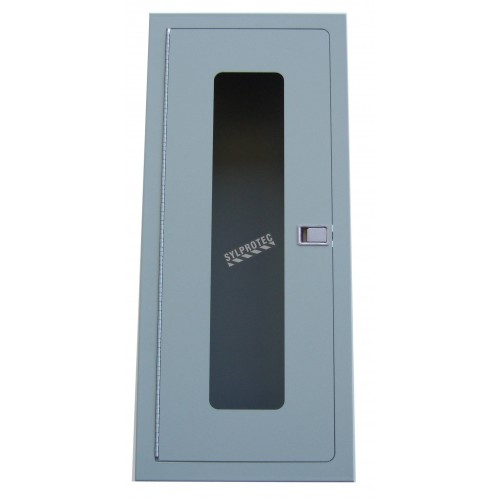 Semi-recessed built-in cabinet for 10 lbs powder fire extinguishers, pre-painted flat gray.