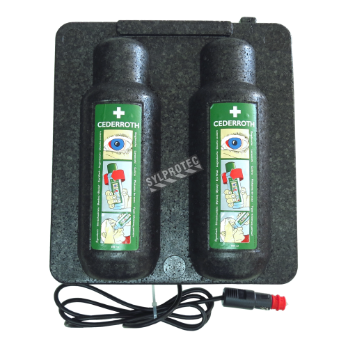 Heating cabinet for two bottles of Cederroth eyewash solution, 500 ml format.