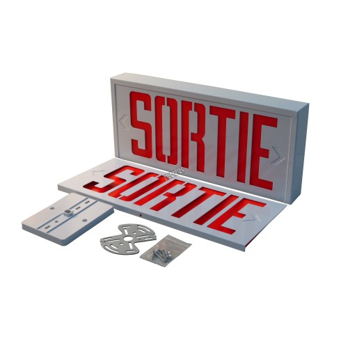 Emergency exit sign in French (“Sortie”), 120V with battery, certified CSA. Steel casing, simple or double face.