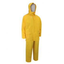 Yellow PVC three-piece rain suit (coat, hood, bib overalls), size large (L).