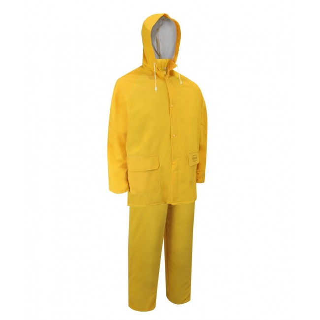 Ensemble imperméable 3 morceaux (manteau, capuchon, salopette) en PVC jaune, taille large (L).