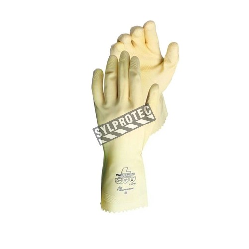 Natural rubber latex unsupported chlorinated textured unflocked safety glove. 12 in long and 18 mils thick.