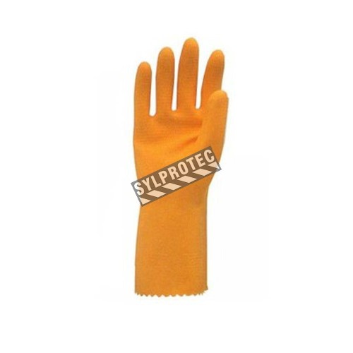 Natural orange rubber latex unsupported textured & flock-lined safety glove. 13 in long and 30 mils thick.