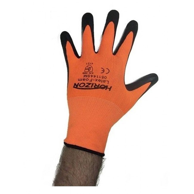 Horizon cost-effective 13-gauge nylon knit gloves with foam latex coating. Mechanical hazards level rating 2121.
