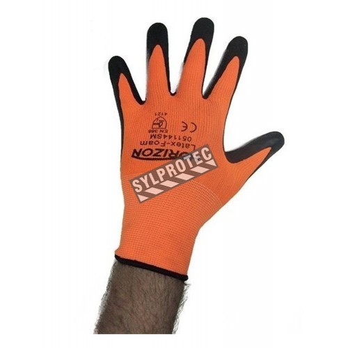 Horizon cost-effective 13-gauge nylon knit gloves with foam latex coating. Mechanical hazards level rating 2121.