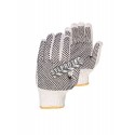 Cost-effective 7-gauge two side PVC dotted polycotton string knit gloves approved by the CFIA. Size: X-small (6) to X-large (10)
