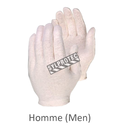 Mens’ inspection gloves, medium-weight unbleached cotton.