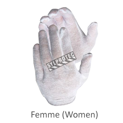 Gants d’inspection en coton mince, couleur blanche, grandeur pour femmes.