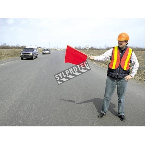 Disposable red vinyl safety flags for traffic signaling, 18 x 18 in, 100/package.