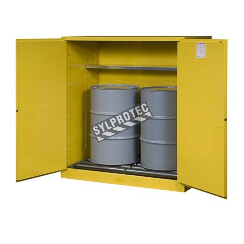 Justrite flammable liquid storage cabinet, capacity 110 gallons.
