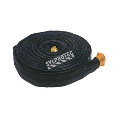 Try-Me heavy-duty double-jacket hose, 1.5 in x 50 ft, polyurethane and polyester with brass coupling.