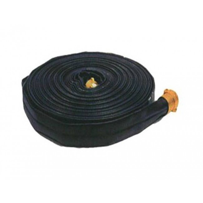 Try-Me heavy-duty double-jacket hose, 1.5 in x 100 ft, polyurethane and polyester with brass coupling.