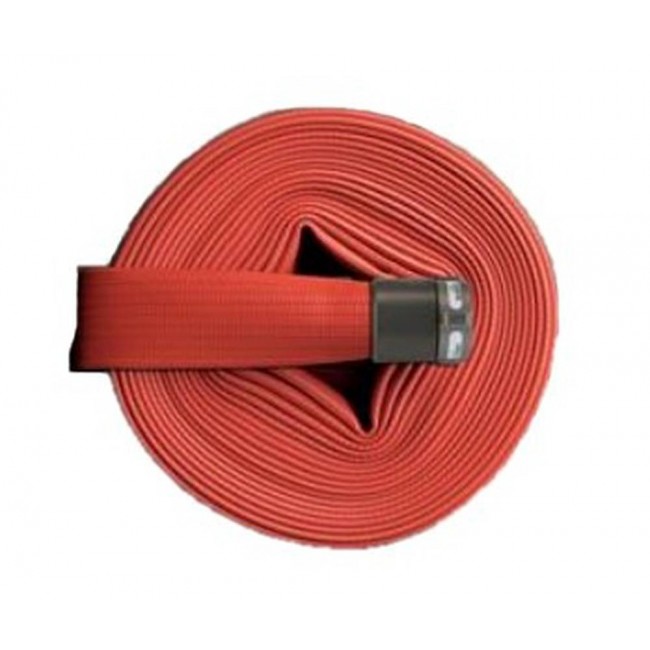 Flashflood 500 industrial double-jacket fire hose made of red synthetic nitrile rubber, 1.5 in x 50 ft, with aluminium coupling.
