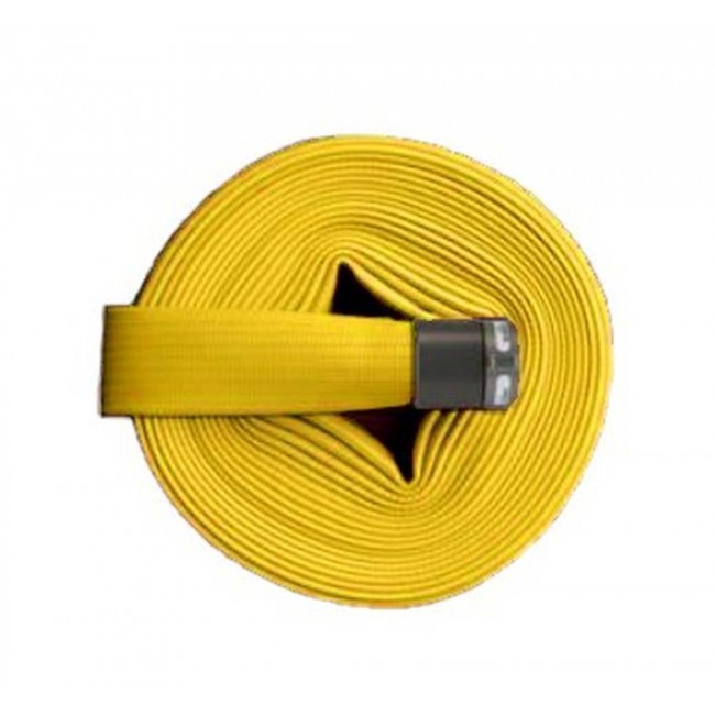 Boyau d’incendie Flashflood 500 à double enveloppe caoutchouc nitrile jaune, 1.5 po x 50 pi, accouplement en aluminium.
