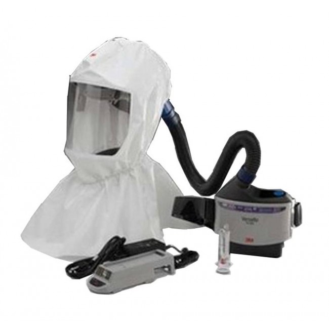 3M complete Versaflo powered air purifying respirator (PAPR) kit for pharmaceutical and health facilities. Hood facepiece.