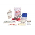 Comprehensive body fluids clean-up kit including some Red-Z spill control solidifier for one-off use, packaged plastic bag.